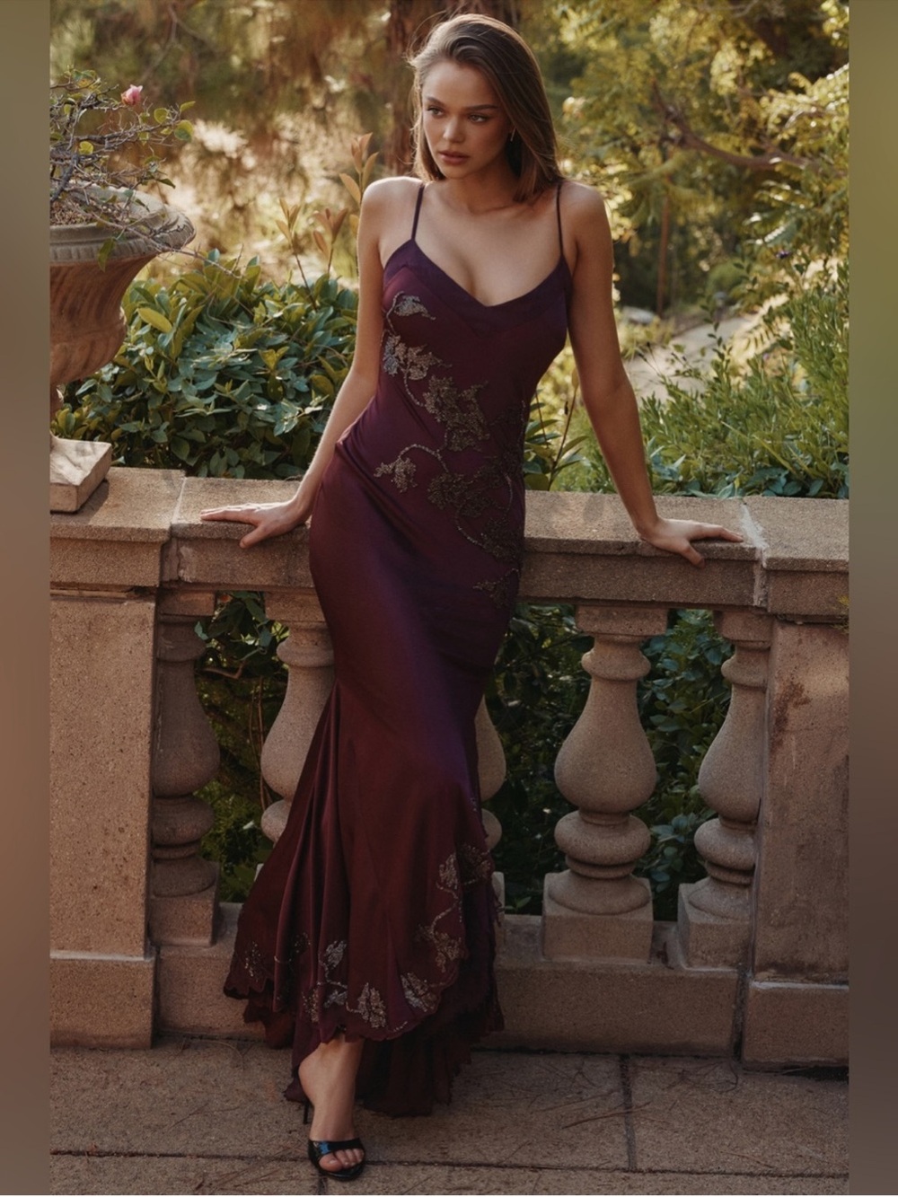 House of CB Anastelle Plum Hand Beaded Embellished Satin Maxi Dress size L - Picture 8 of 12